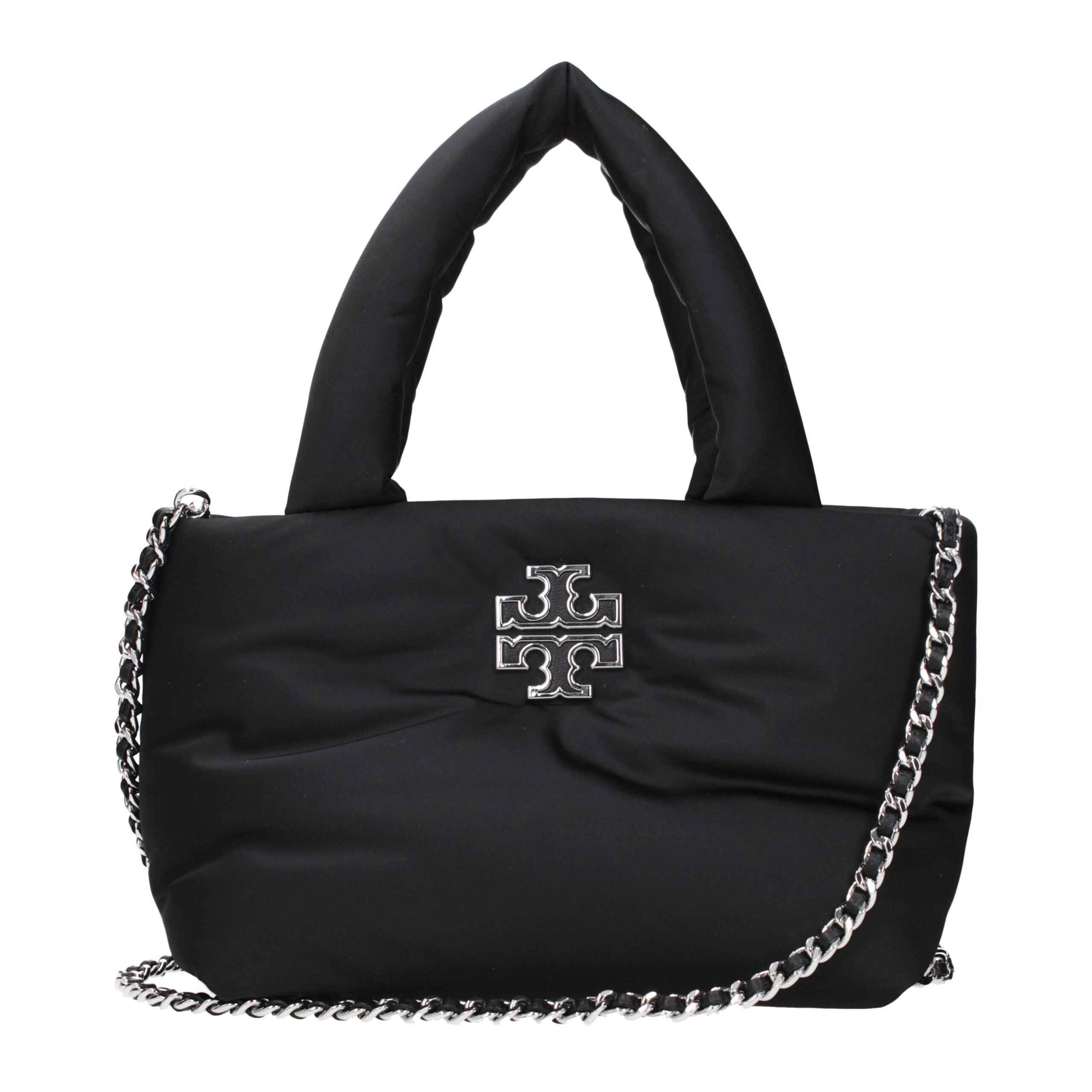 Tory Burch black fabric tote with silver chain strap and logo, front view