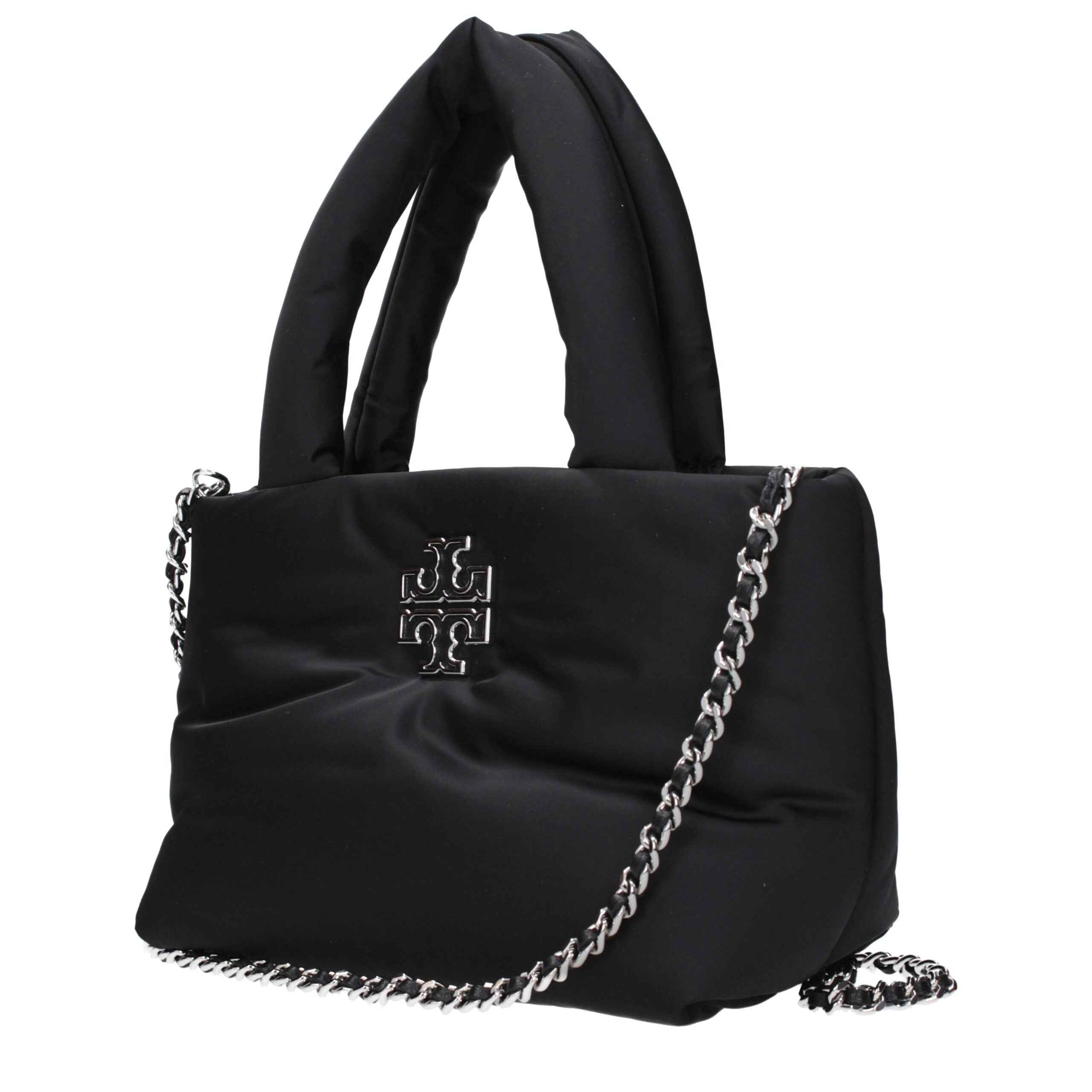 Tory Burch black fabric tote with chain strap, front view