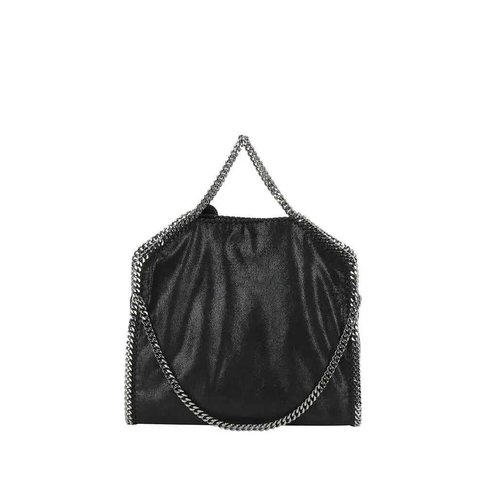 Stella McCartney Falabella Fold-Over Tote in black suede with silver chain handles, front view