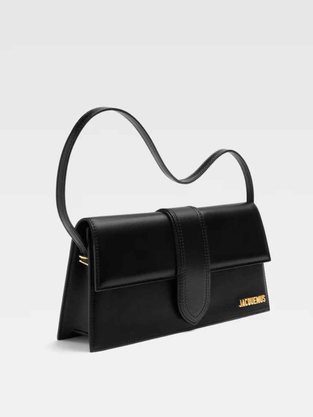 Jacquemus Le Bambino Long black leather crossbody bag gold-tone logo front view