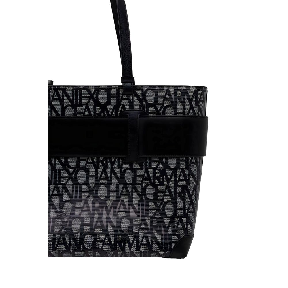 Armani Exchange tote bag in gray polyurethane with black logo pattern, front view