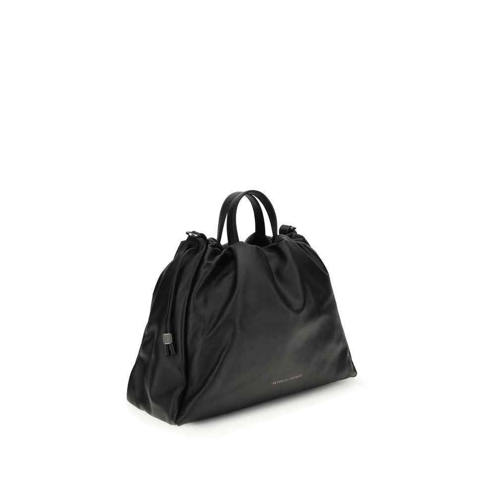 Brunello Cucinelli Calfskin Tote Bag, black, front view