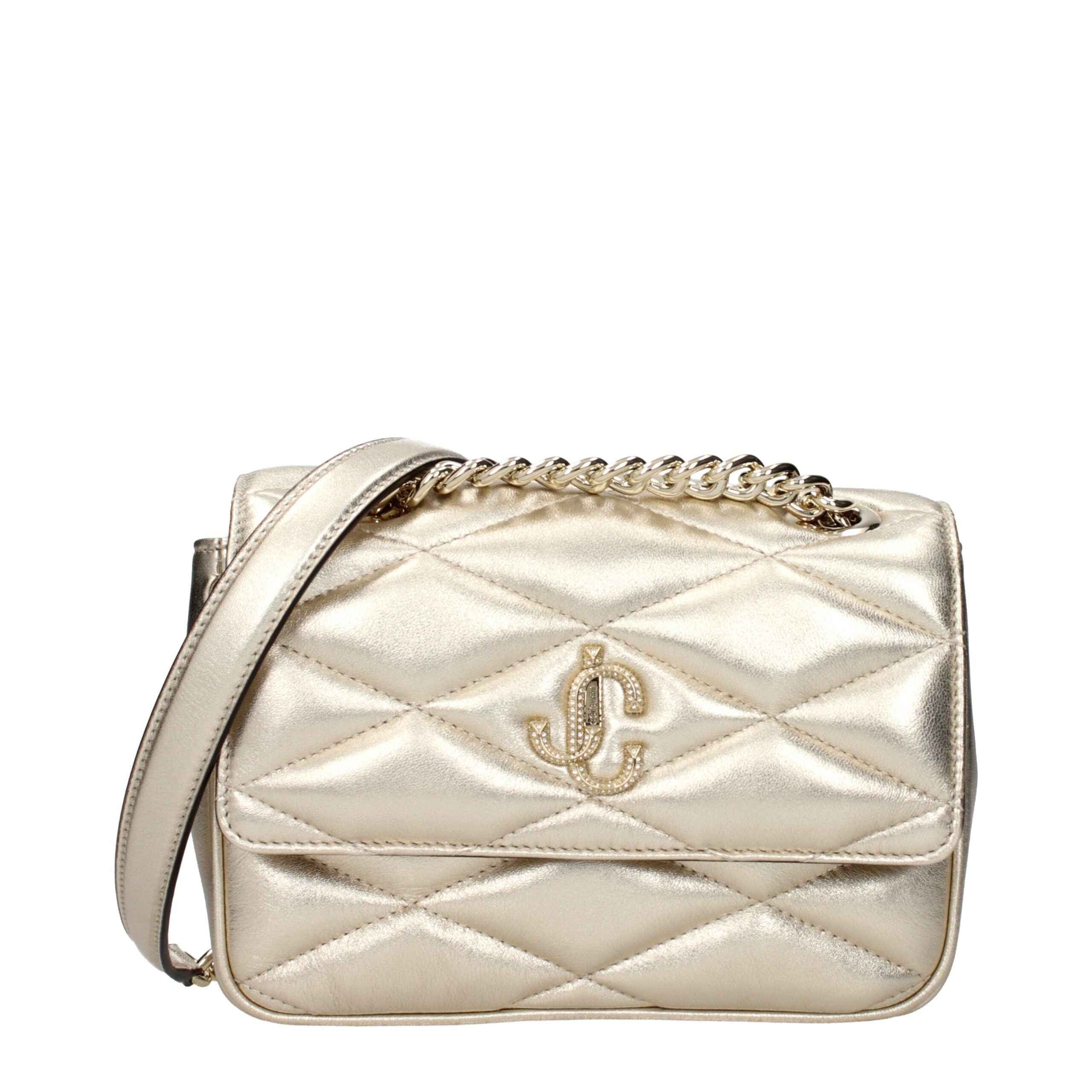 Jimmy Choo Farone Flap Shoulder Bag, champagne metallic quilted leather with gold-tone chain strap, front view