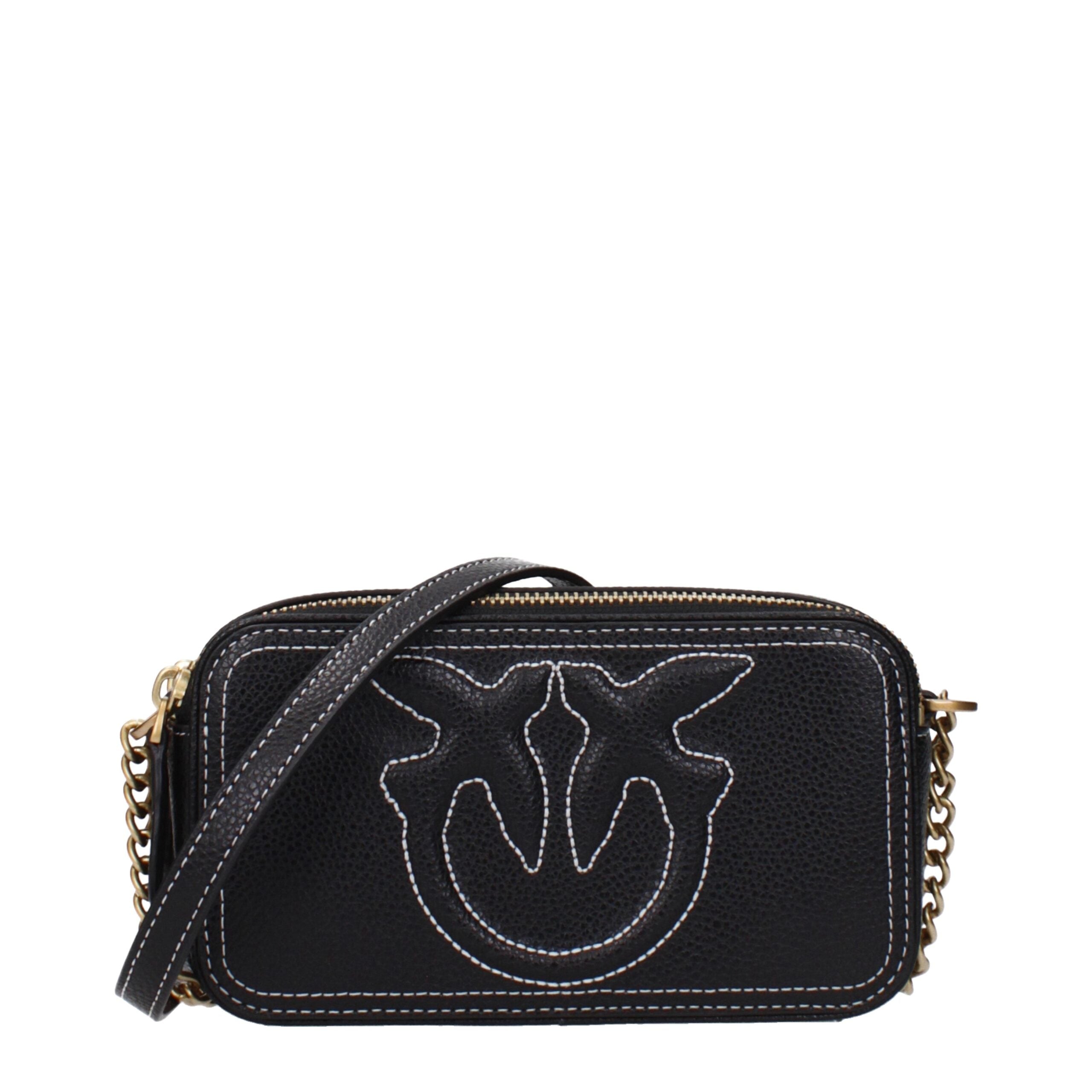 PINKO Black Leather Crossbody Bag, chain strap, front view