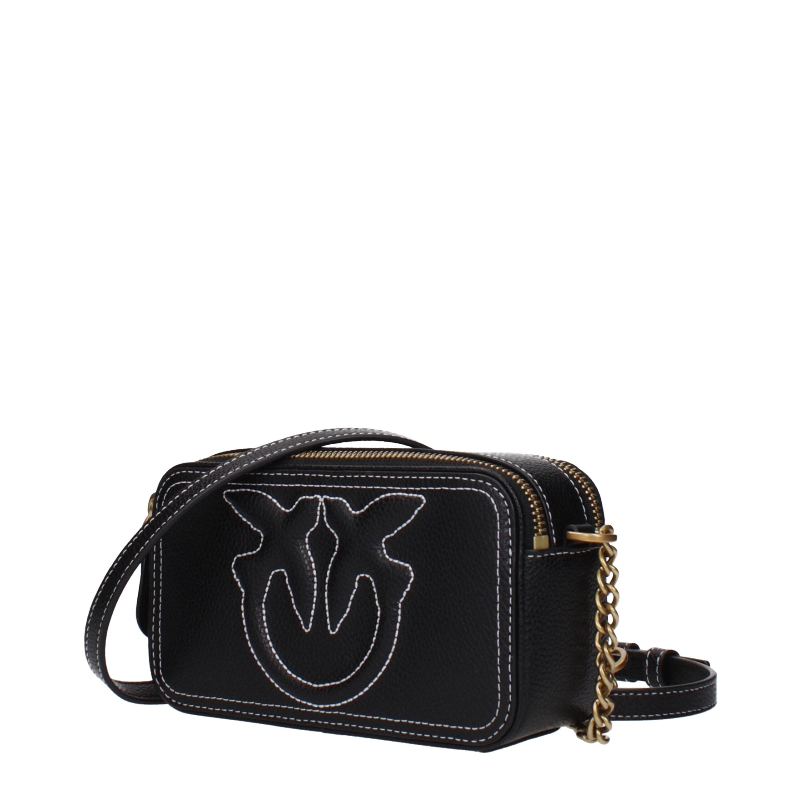 PINKO Crossbody Bag, black leather, white stitched emblem, front view