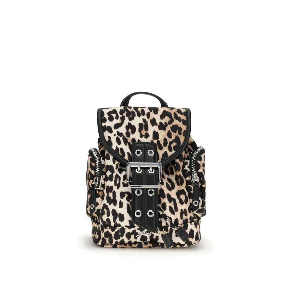Ganni animalier print nano Backpack, beige and black fabric, front view.