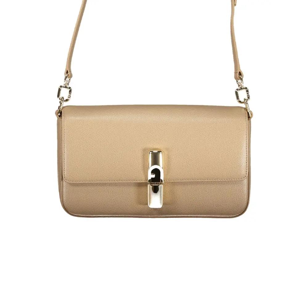 Furla Iride shoulder bag, beige pebbled leather, gold hardware, front view