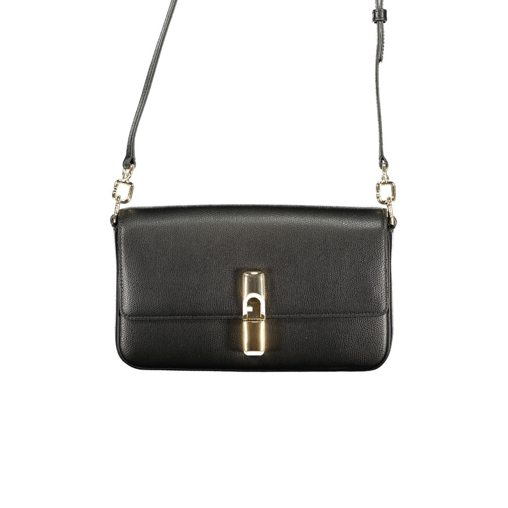 Furla Black Leather Crossbody Handbag — leather, black, structured bag with gold clasp, front view