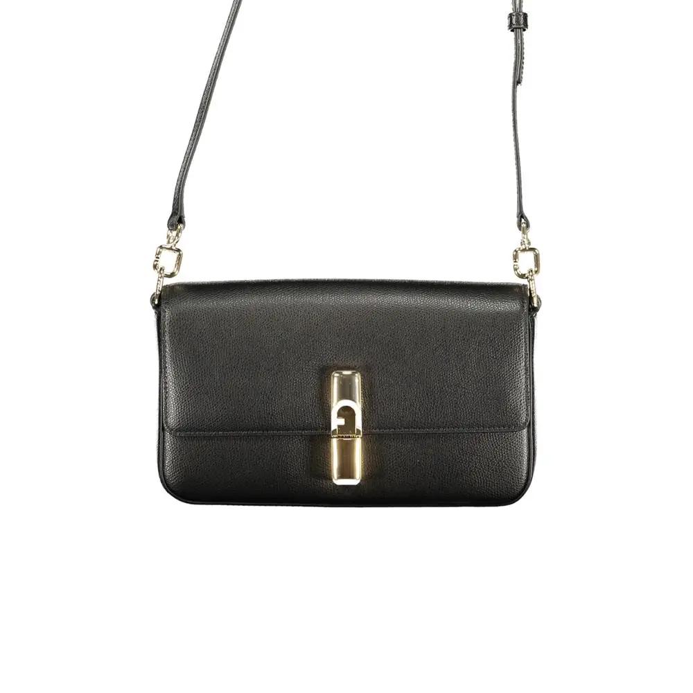 Furla Iride black leather crossbody bag with gold clasp, front view