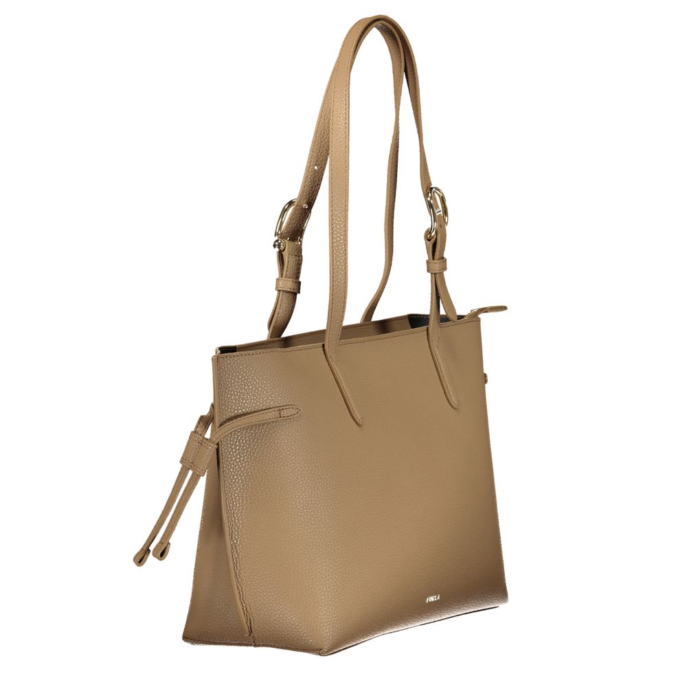 Furla brown full-grain leather shoulder bag, structured; three-quarter front view