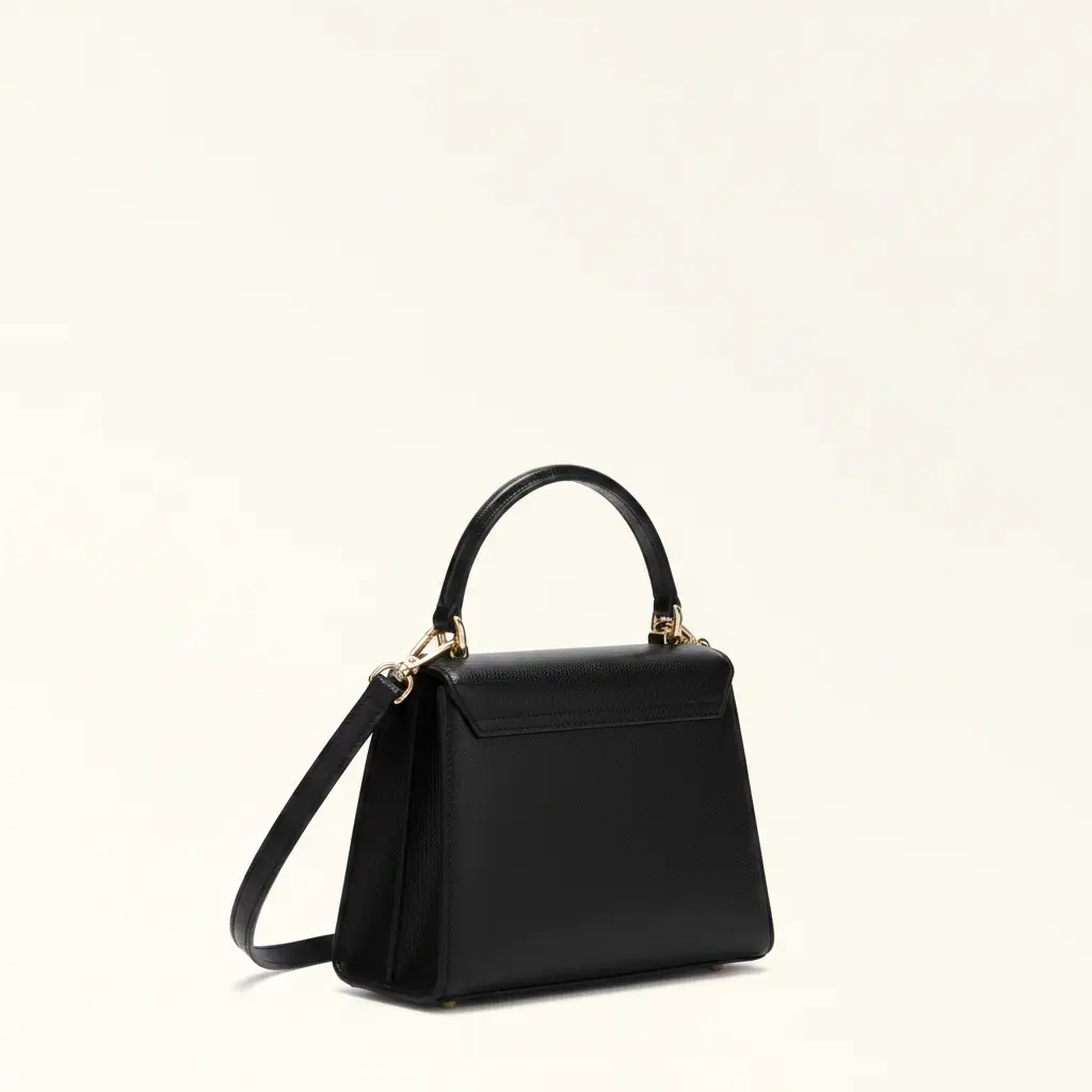 Furla 1927 black pebbled leather satchel, top-handle, front view