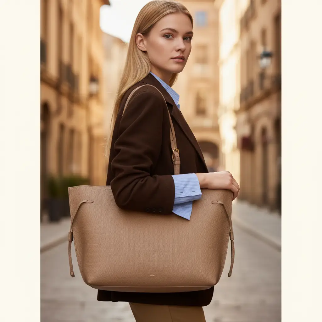 Furla Ava beige textured leather shoulder bag front view