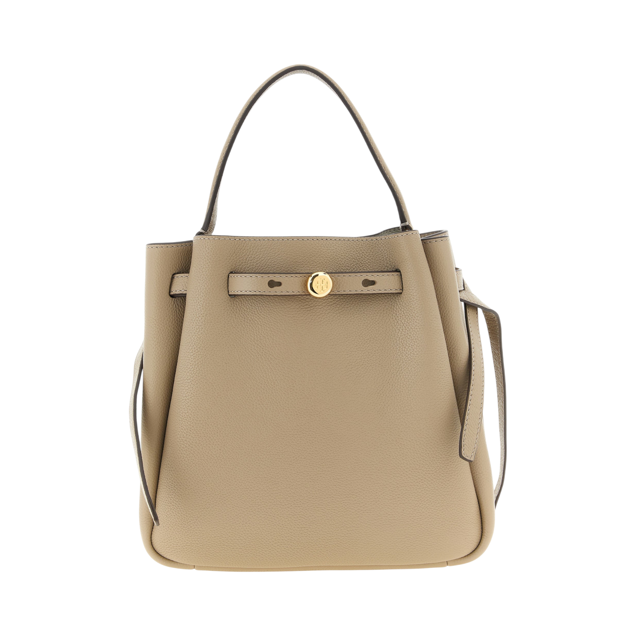 Bolso tipo bucket beige de piel martillada Tory Burch Romy con detalle de hebilla metálica dorada de XT & Co