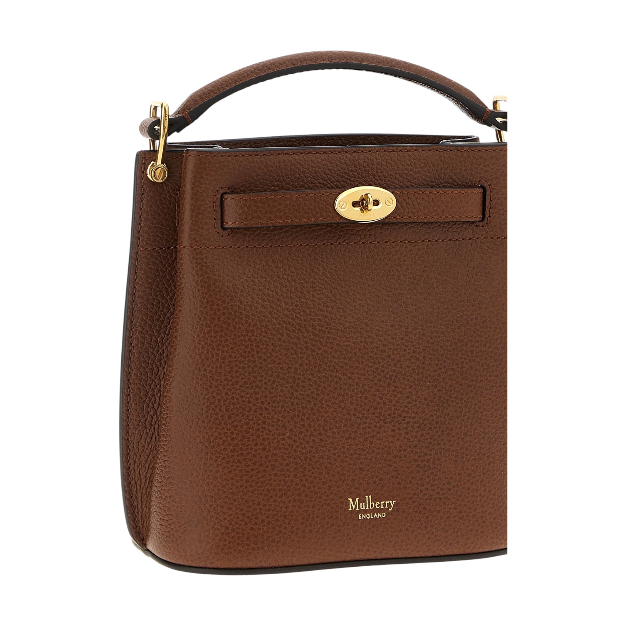 Bolso tipo cubo mini Islington de XT & Co en piel de becerro granulada color marrón con cierre de candado dorado