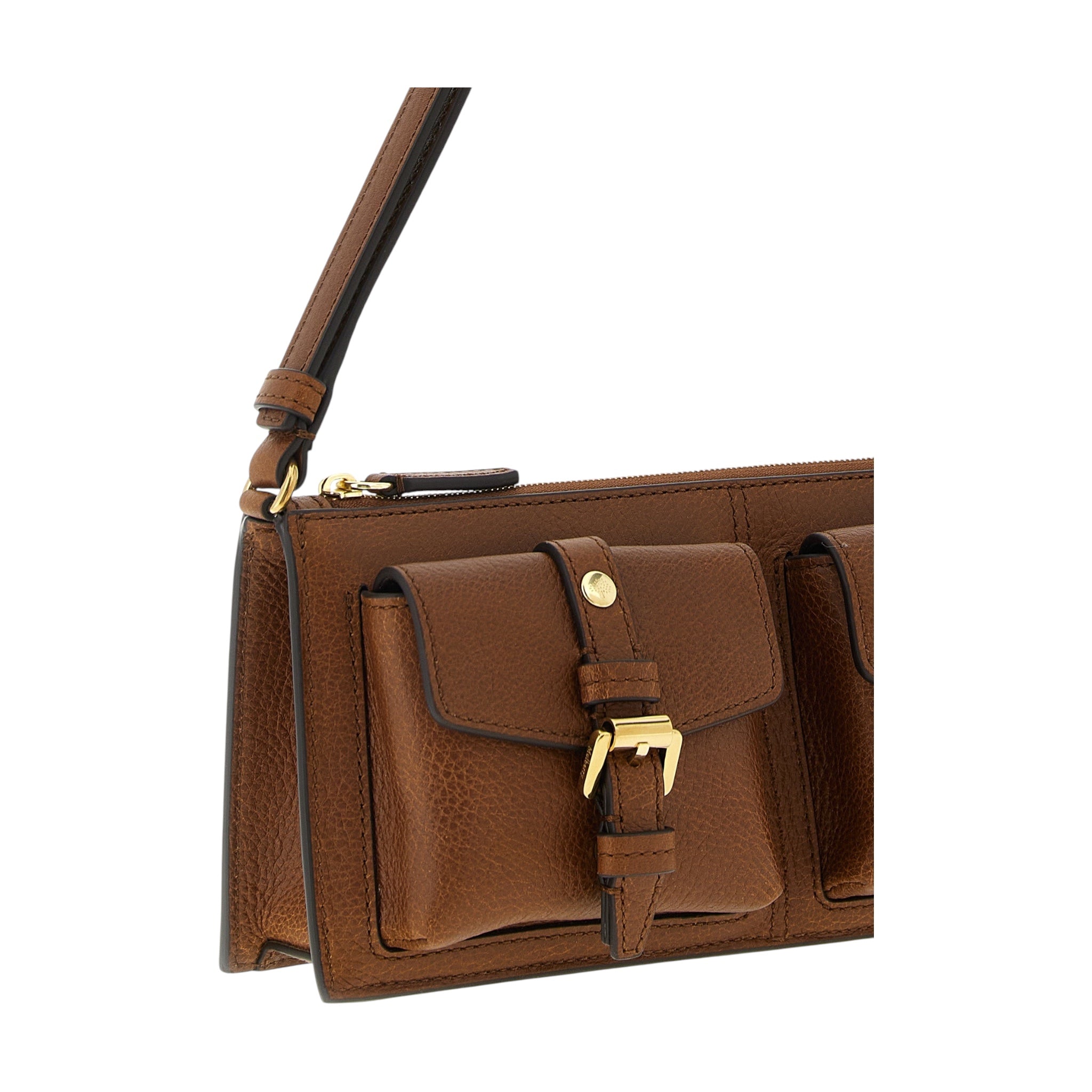 Bolso de hombro Mulberry Roxanne de XT & Co en piel de becerro marrón con bolsillos frontales y hebillas doradas.
