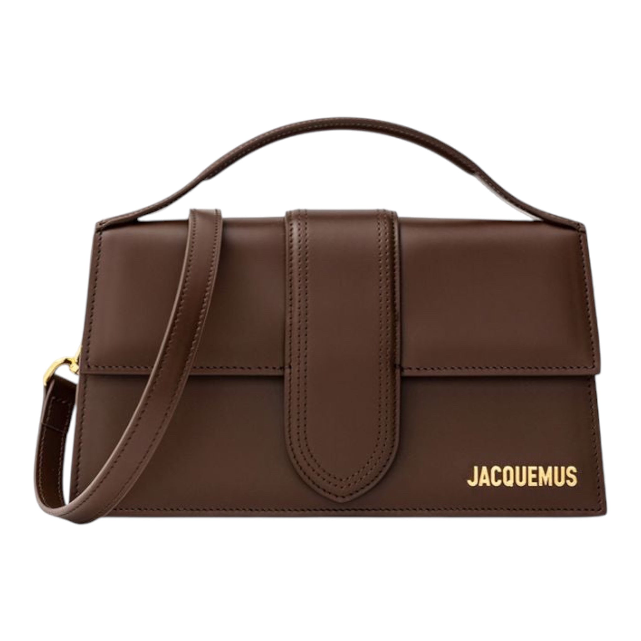 Bolso Jacquemus Le Grand Bambino de cuero marrón con solapa rígida y logo dorado, disponible en XT & Co