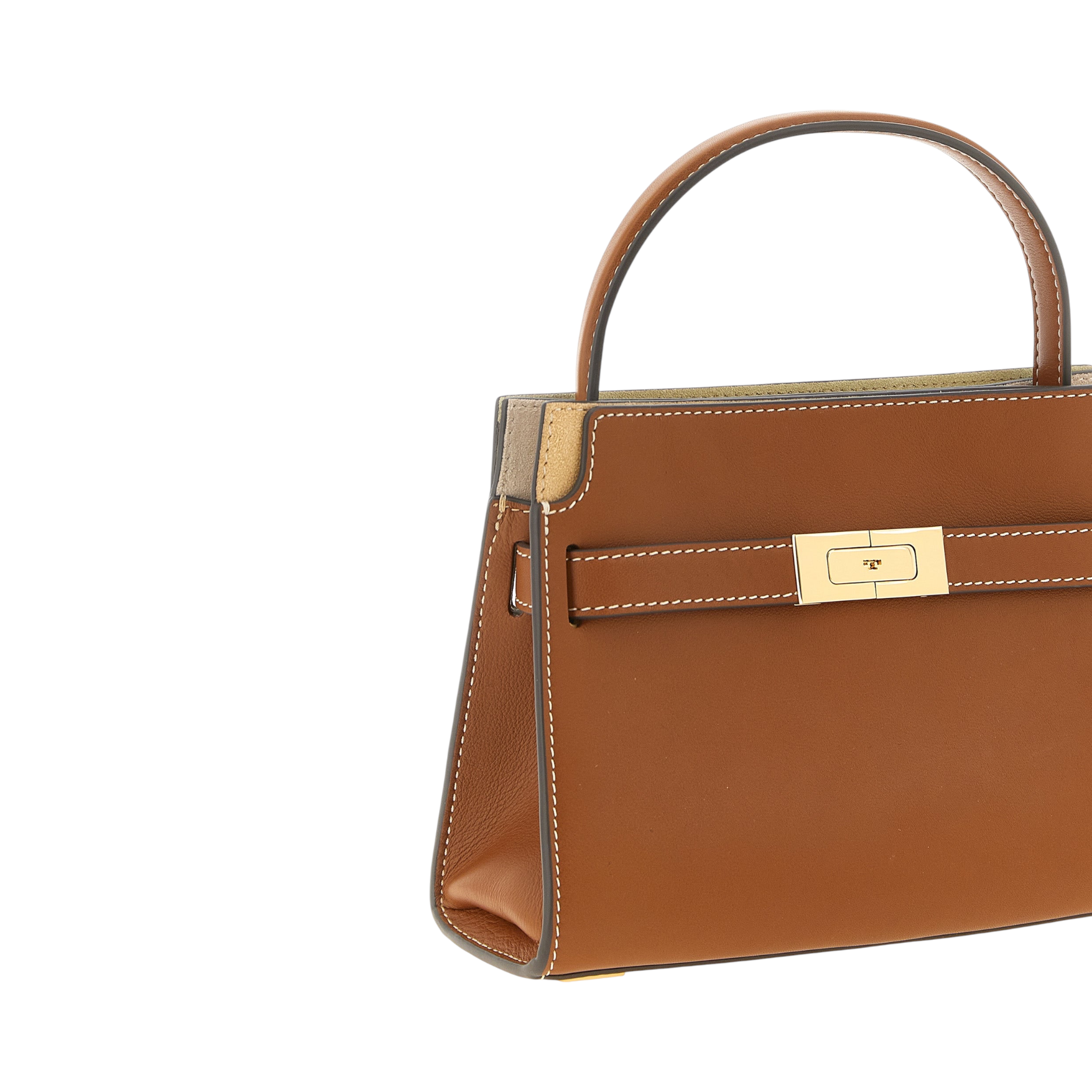 Bolso bandolera XT & Co Tory Burch Lee Radziwill en piel marrón con cierre de candado dorado y asa superior rígida.