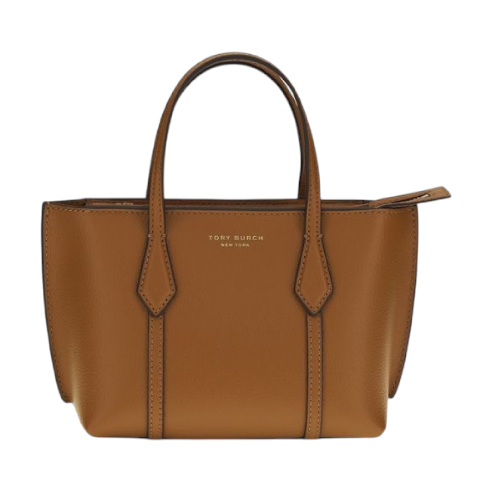 Bolso tote mini Perry de Tory Burch en piel de becerro color marrón con asas superiores y logo dorado de XT & Co