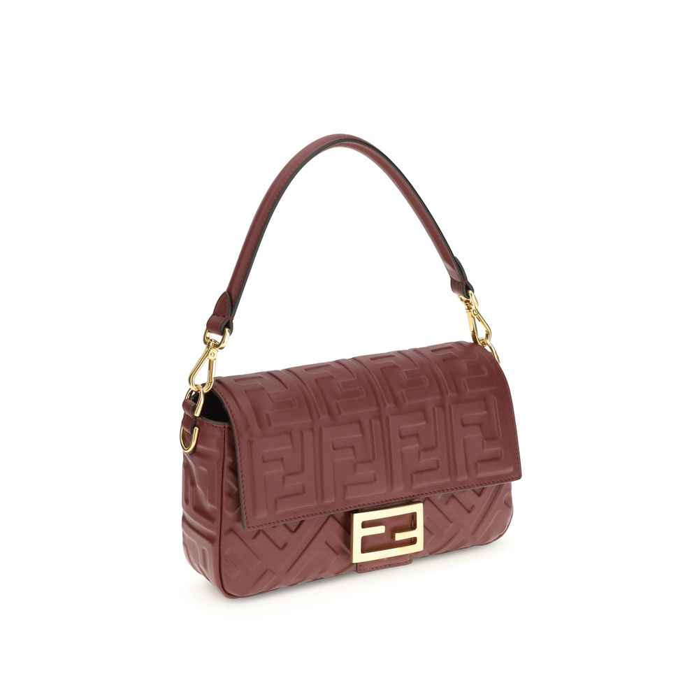 Fendi The Baguette Shoulder Bag burgundy leather with gold hardware, three-quarter view