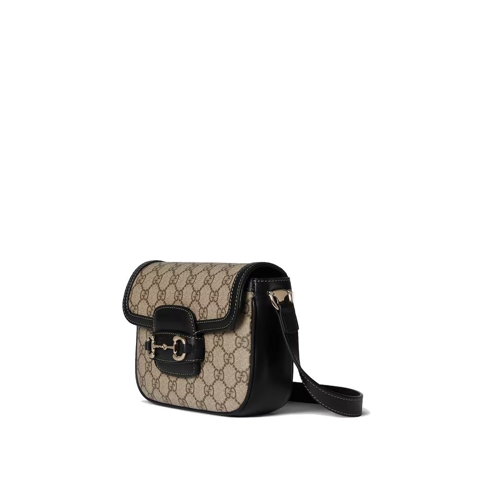 Gucci Horsebit 1955 Small Shoulder Bag in beige GG canvas with black leather, front view
