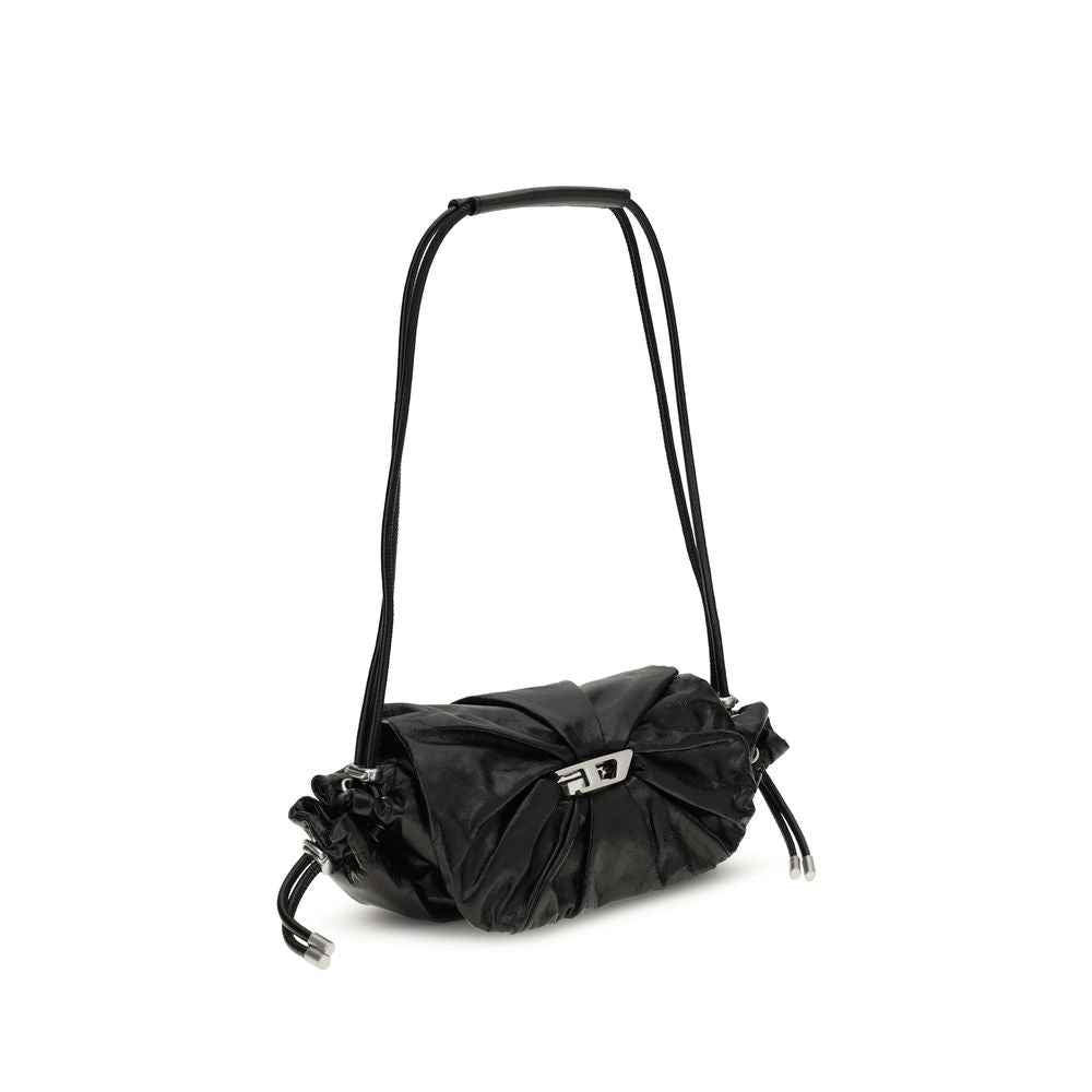 Diesel Scrunch-D Shoulder Bag, black satin nylon with metal clasp, front view