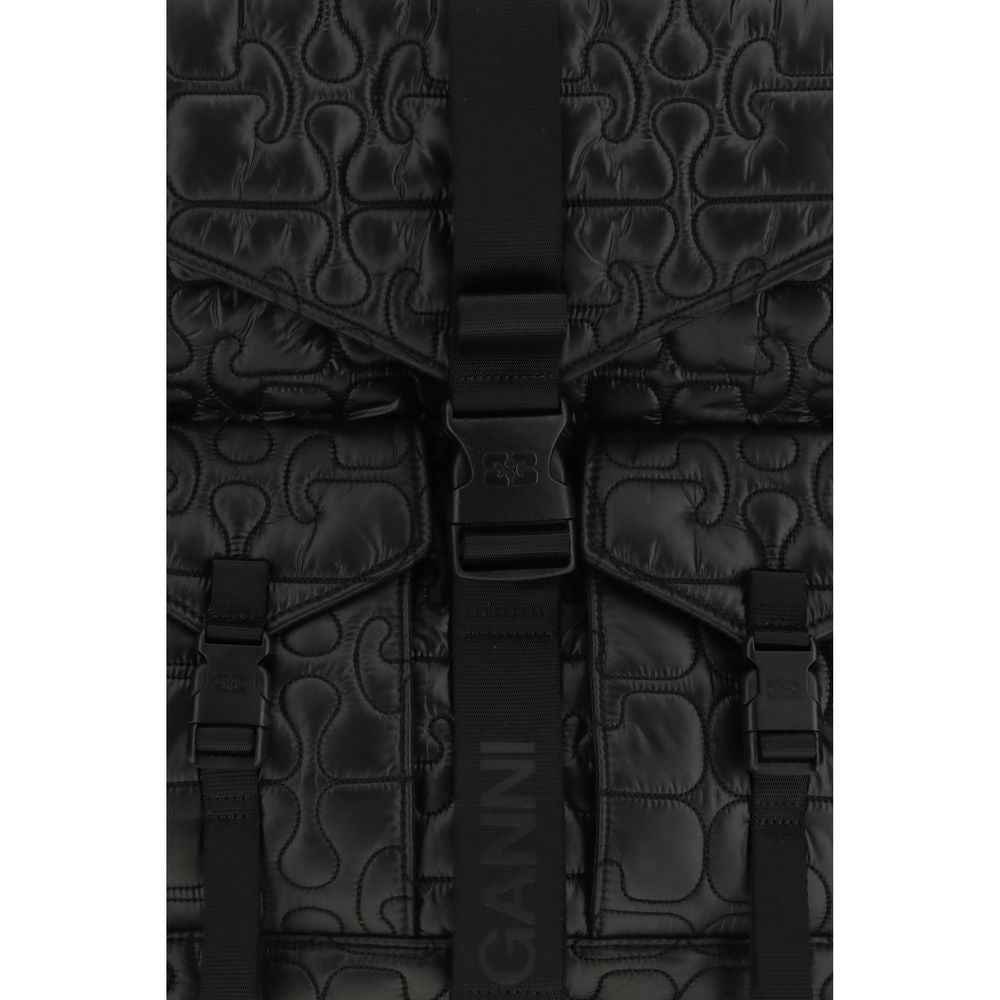 Ganni Re-Tech Quilted Backpack, black quilted fabric, logo detail