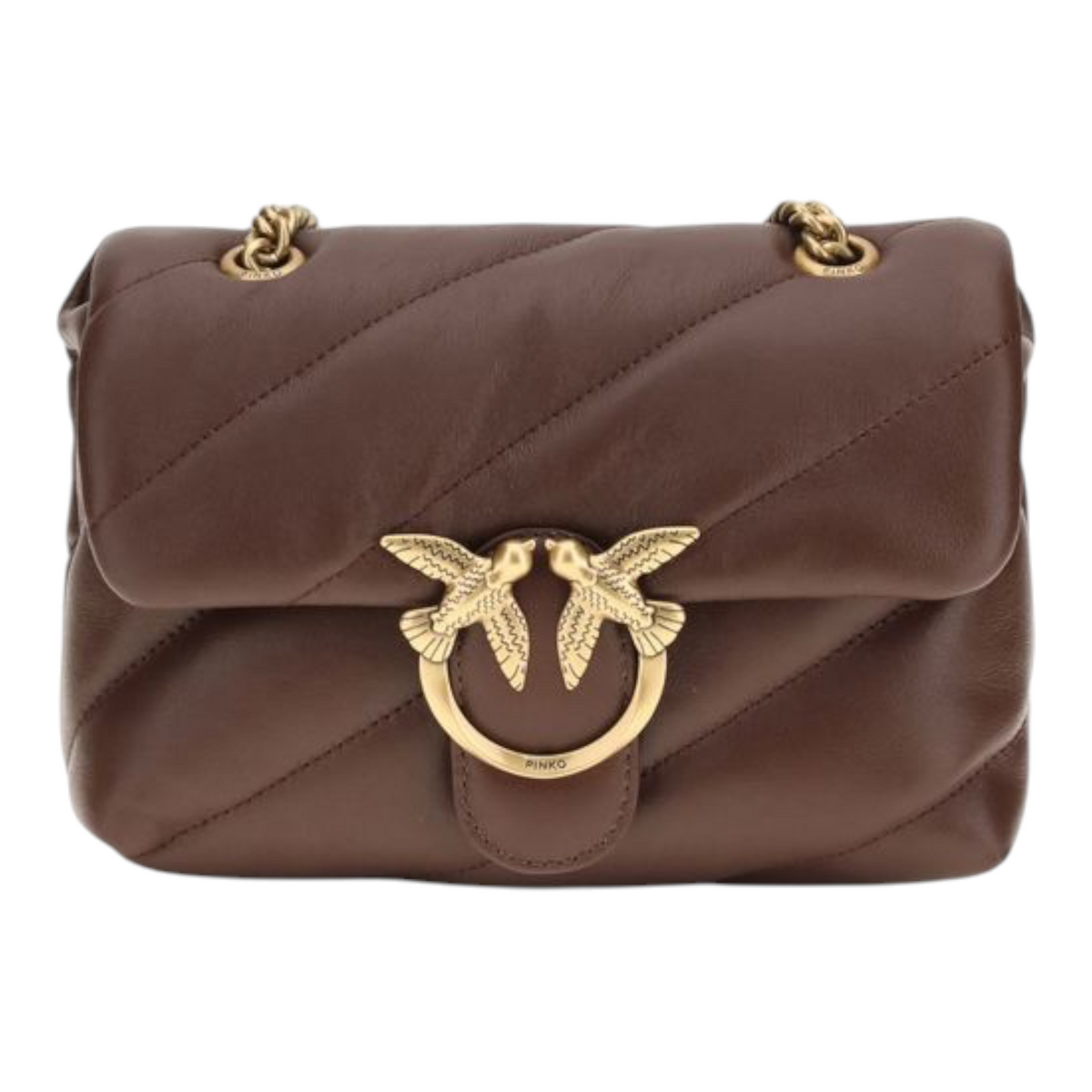 Bolso de hombro acolchado Love Mini Puff de XT & Co en piel marrón con logo Love Birds dorado y cadena