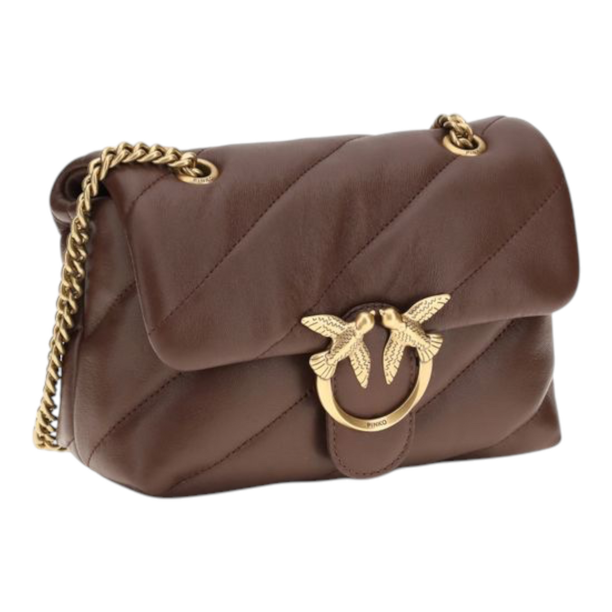 Bolso de hombro XT & Co PINKO Love Mini Puff acolchado en piel marrón con logo Love Birds dorado y cadena
