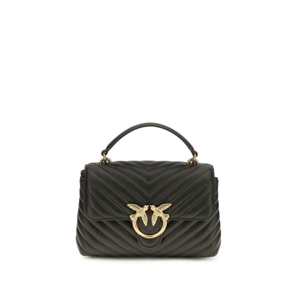 PINKO Love Lady Mini shoulder bag black quilted leather with gold bird motif clasp, front view