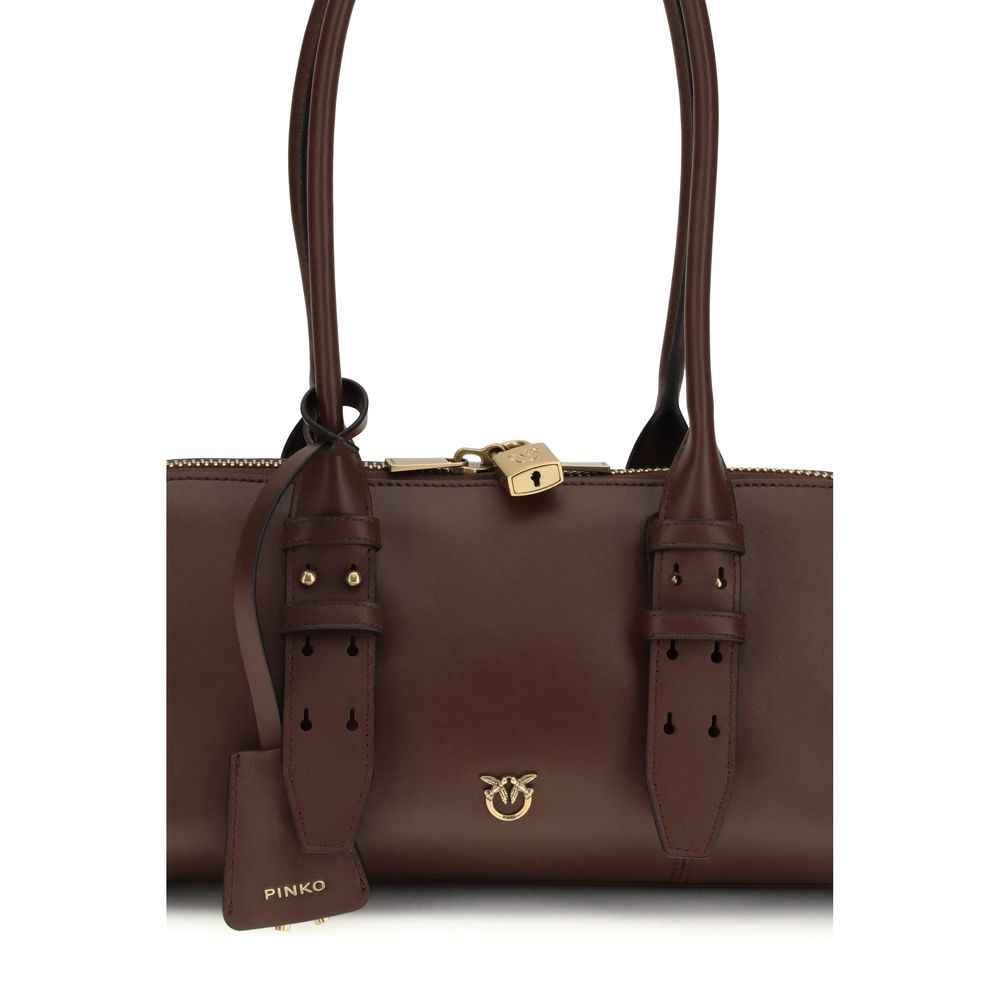 PINKO Bowling Baguette leather shoulder bag, brown, front view