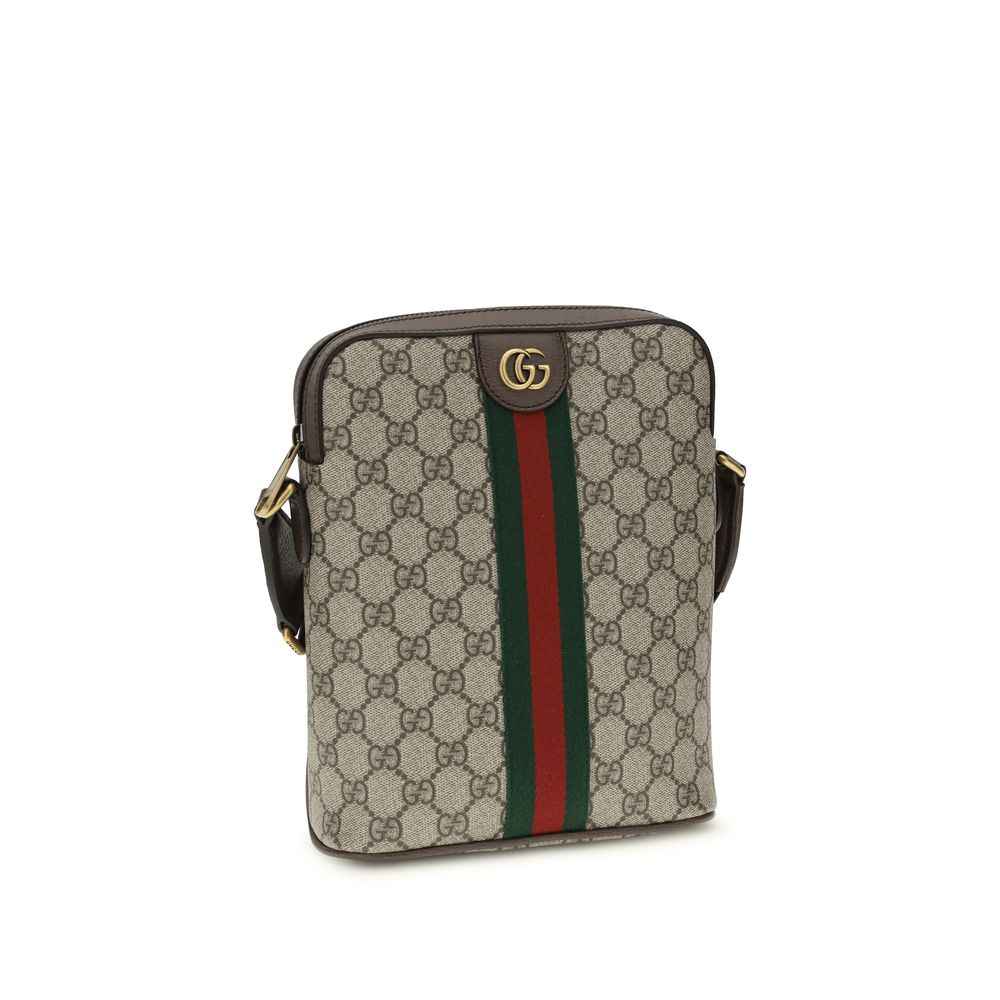 Gucci Ophidia Messenger Shoulder Bag in beige GG canvas with green-red-green stripe, front view
