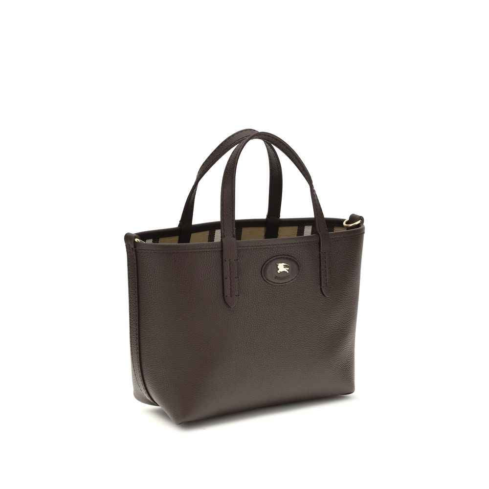 Burberry Mini Reversible Bloomsbury Tote Bag, brown pebbled leather, front view