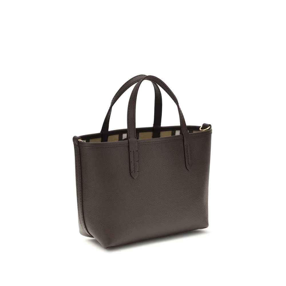 Burberry Mini Reversible Bloomsbury Tote Bag, brown pebbled calf leather, three-quarter view