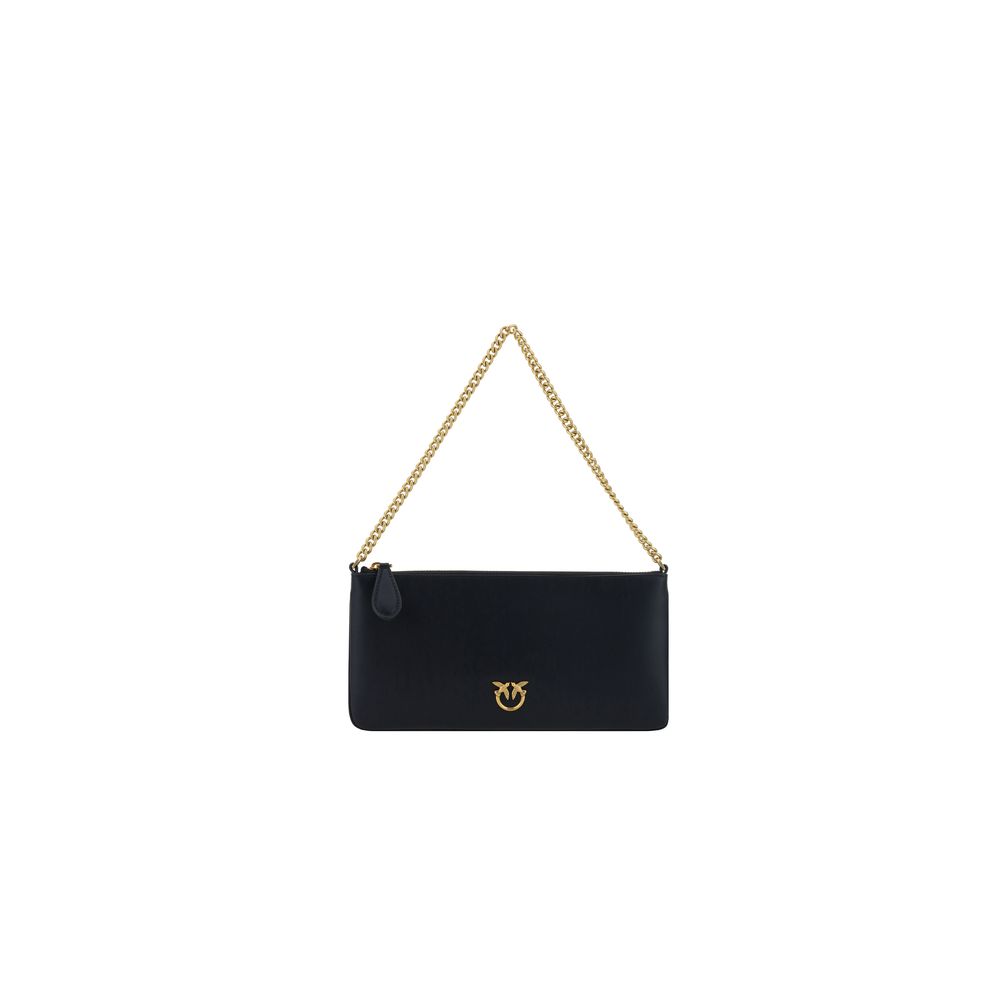 PINKO black calfskin shoulder bag with gold chain strap, front logo detail, front view