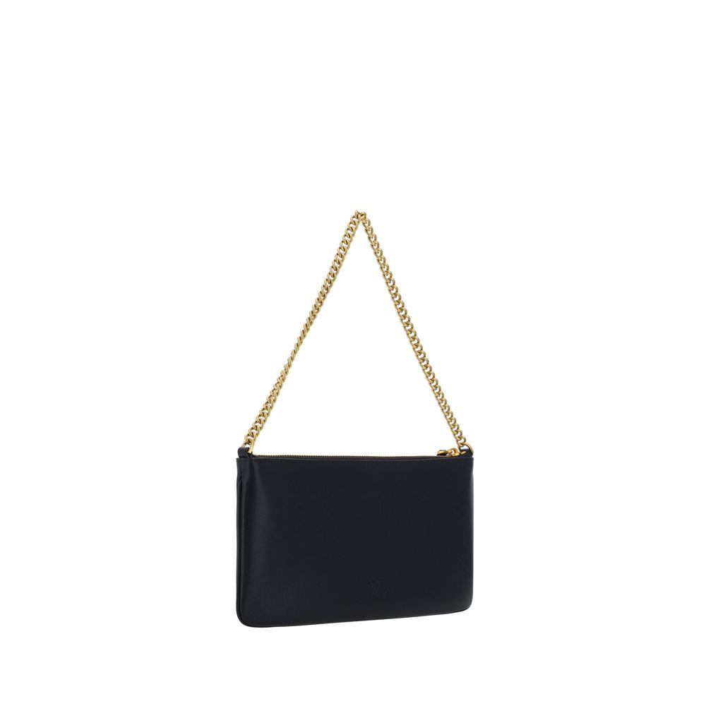 PINKO black calfskin shoulder bag with gold chain strap, front view