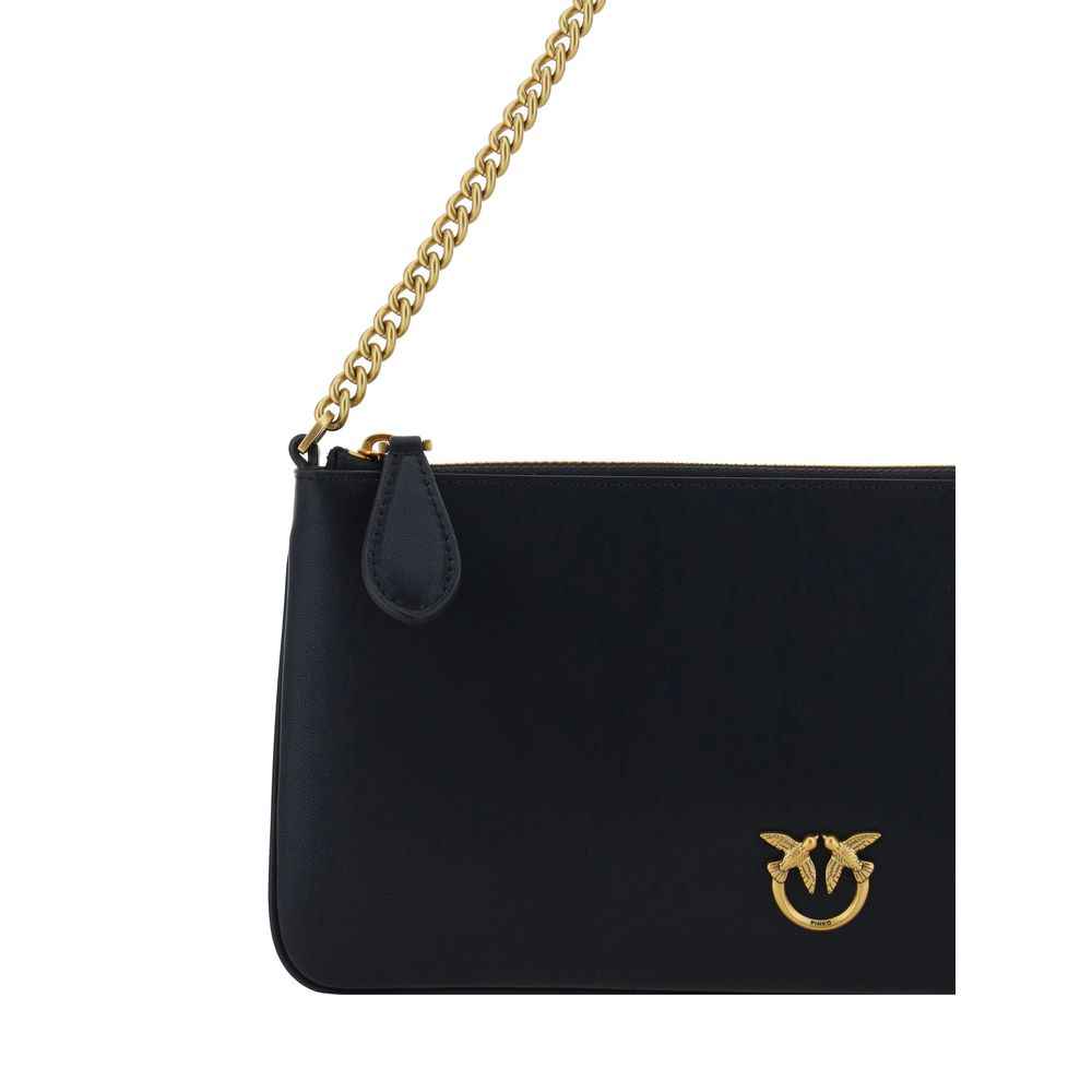 PINKO Black Calfskin Leather Shoulder Bag, gold chain strap, logo detail, front view
