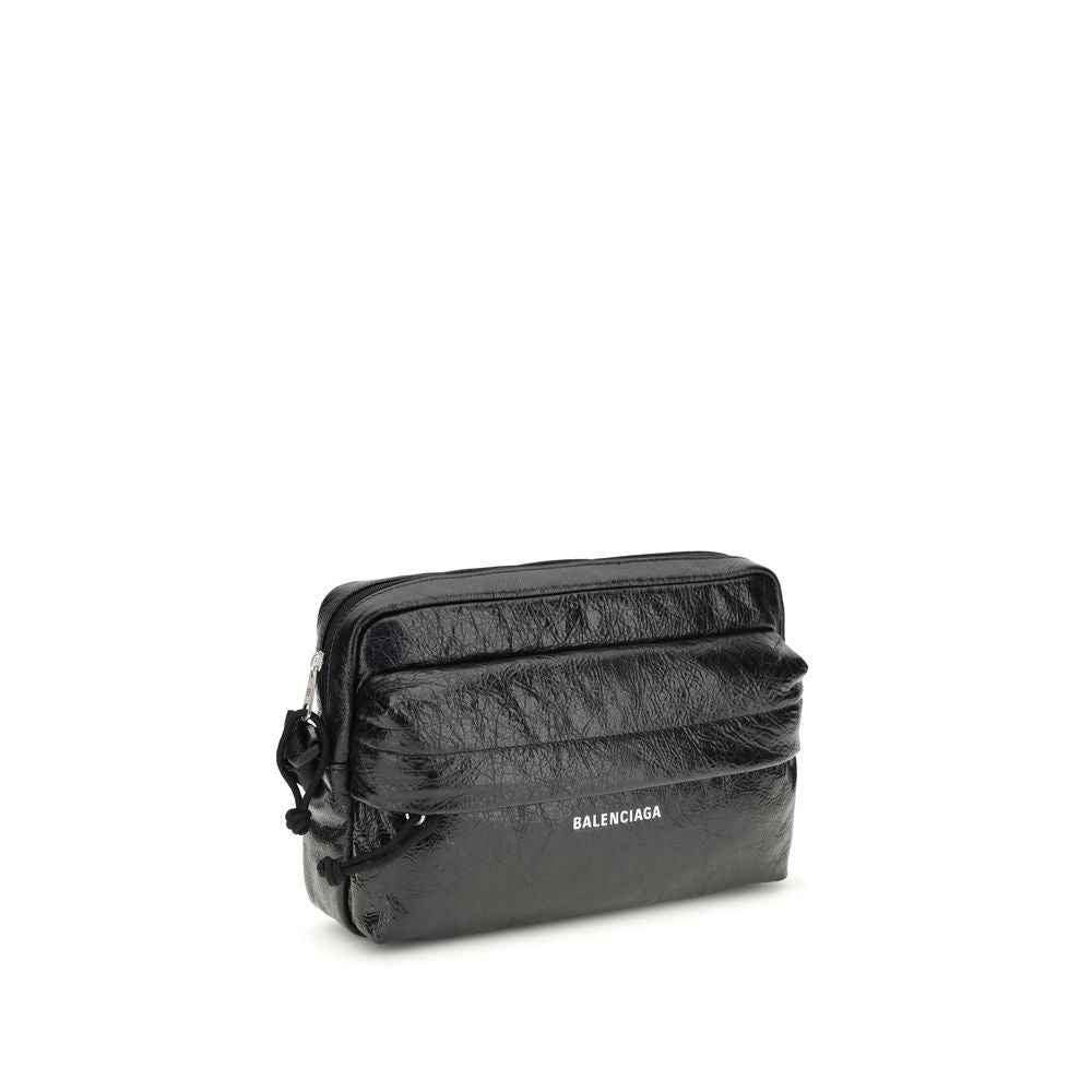 Balenciaga Explorer shoulder bag black crinkled leather logo detail front view