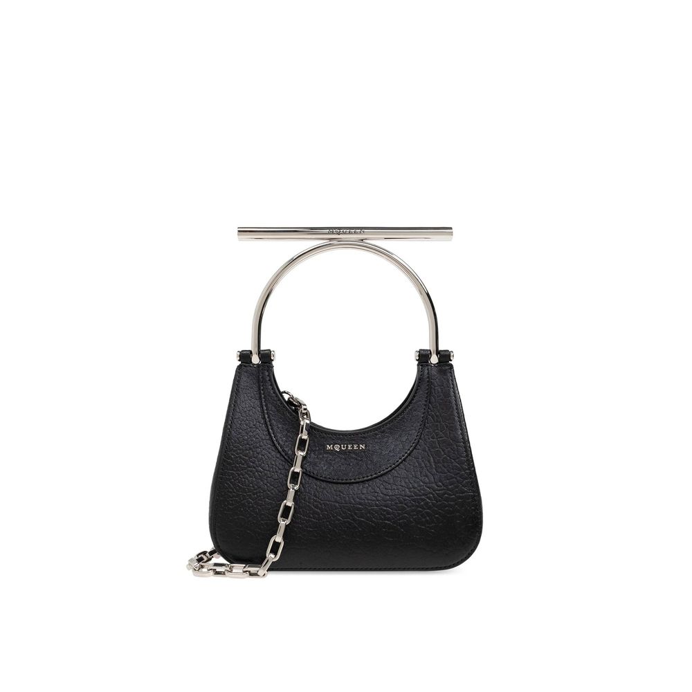 Alexander McQueen Black Mini Cross-Bar Handbag, pebbled leather, chain strap, front view