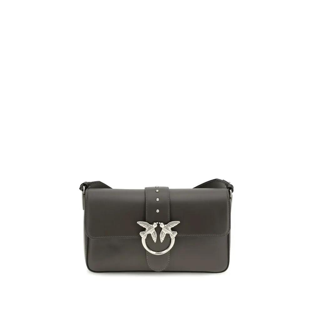 PINKO Bicolor Leather Shoulder Bag charcoal gray leather with silver hardware, front view