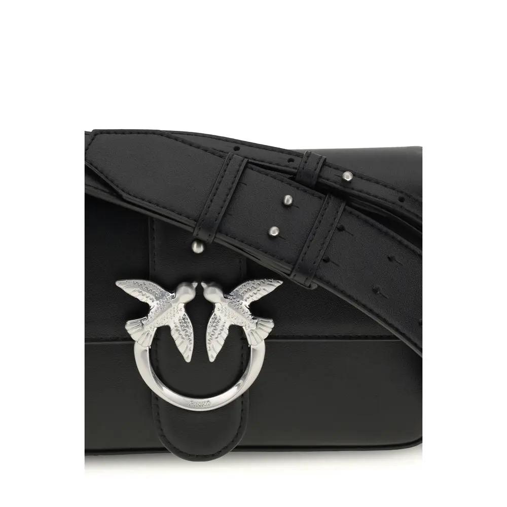 PINKO Bos Taurus black calf leather shoulder bag, silver bird clasp, logo detail