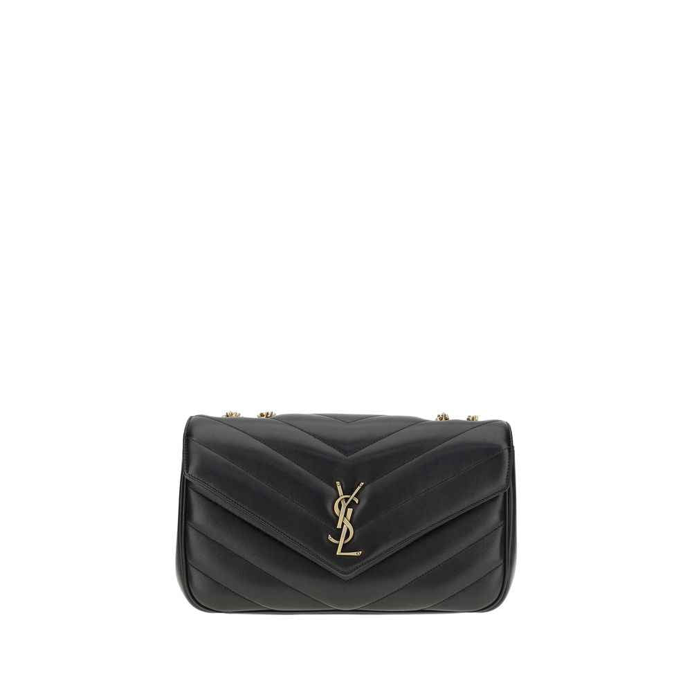 Saint Laurent Loulou Large Shoulder Bag, black calf leather, chevron quilting, YSL logo, front view
