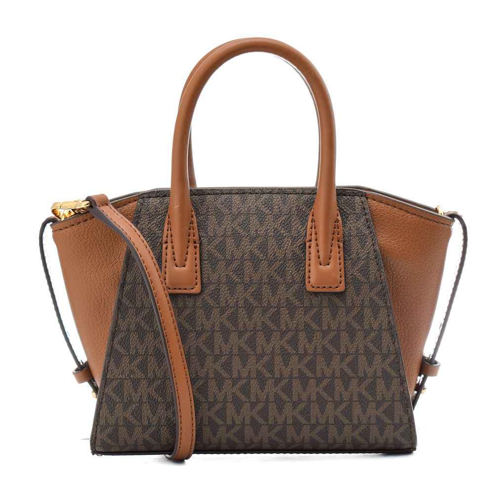 Michael Kors brown monogram canvas handbag with tan leather trim, satchel bag, front view