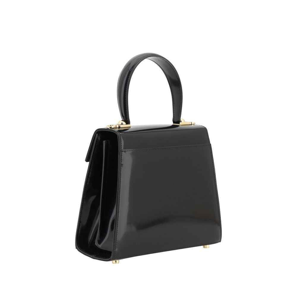 Ferragamo Iconic Top Handle Bag black patent calf leather, top-handle bag, side view