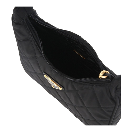 Bolso mini acolchado negro de Prada en XT & Co con cierre de cremallera y logo metálico dorado