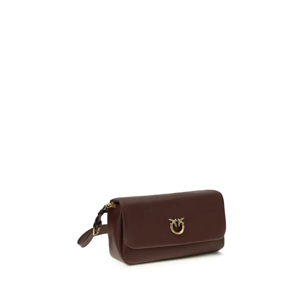 PINKO Bos Taurus brown calf leather shoulder bag, three-quarter front view