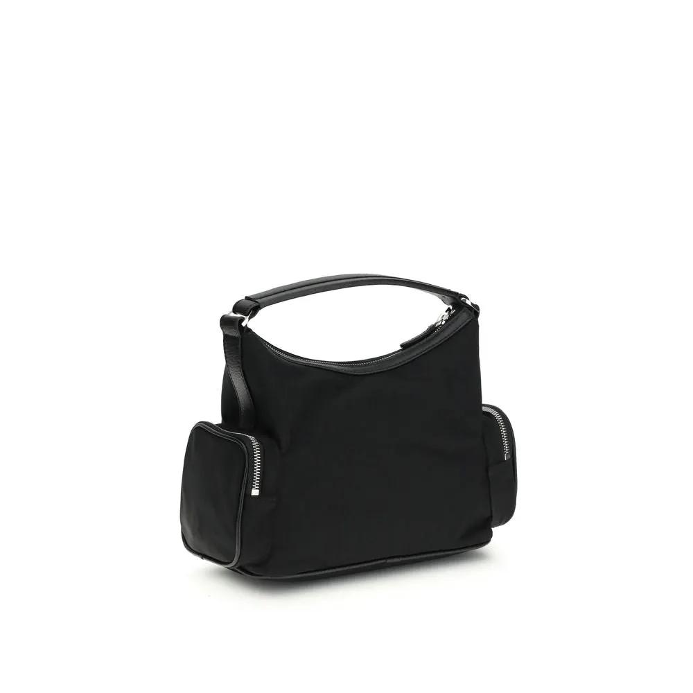 Stella McCartney Other Fibres black fabric shoulder bag with side zip pockets, three-quarter view