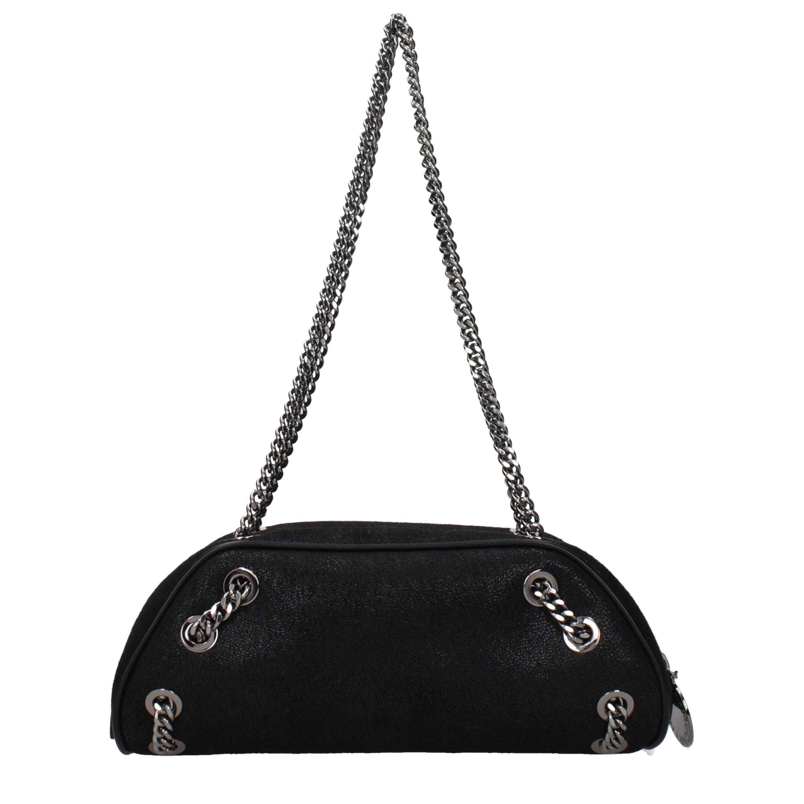 Stella McCartney black leather shoulder bag with silver chain straps side view