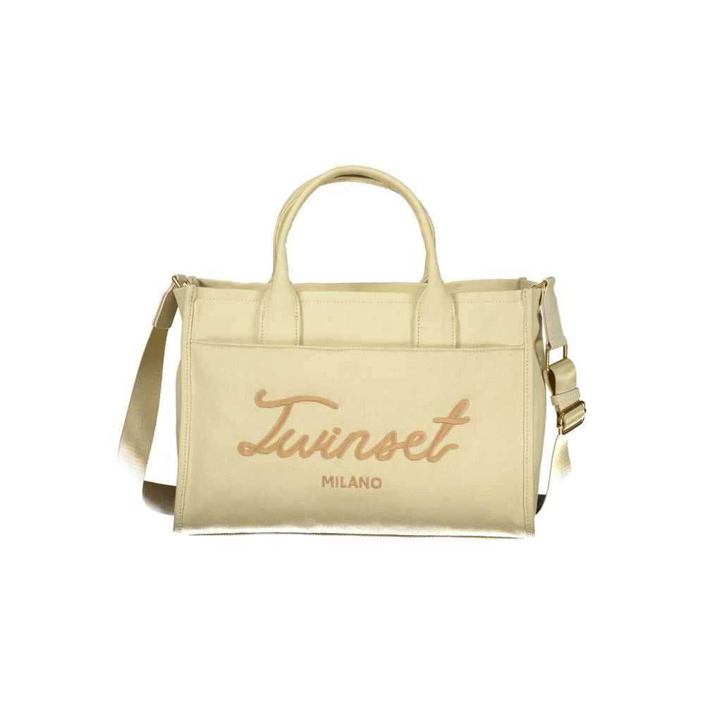 Twinset Milano beige cotton tote bag with logo script, front view