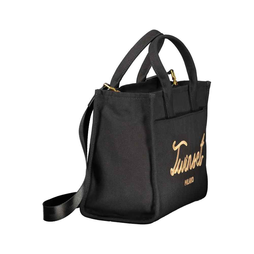 Twinset Nero Cotton Women Tote, black cotton tote bag, three-quarter front view