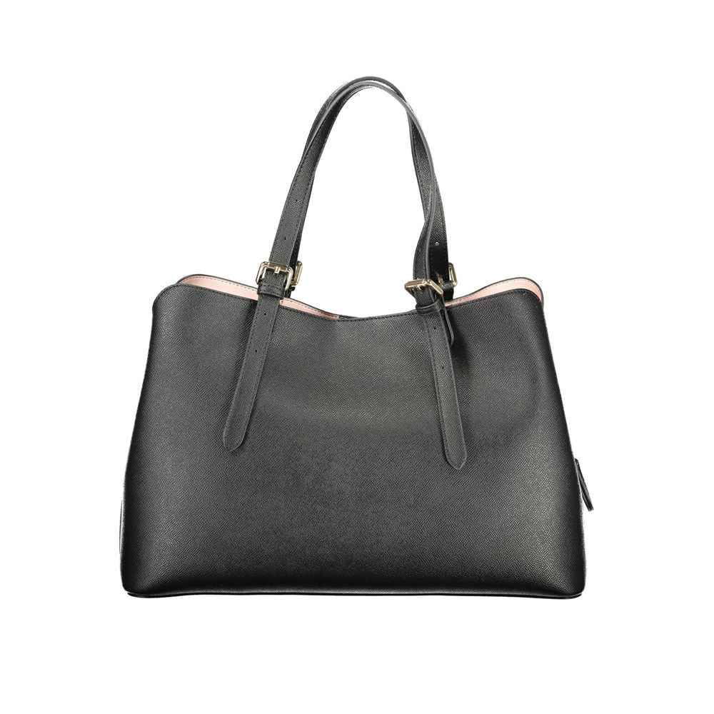 Twinset Nero polyurethane black tote bag with top handles and pink interior, front view.